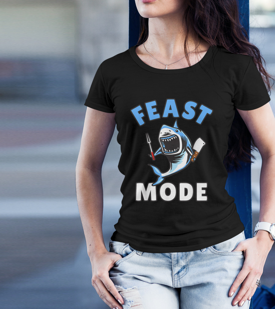 Feast Mode Great White Shark Cartoon Thanksgiving Kids T-Shirt