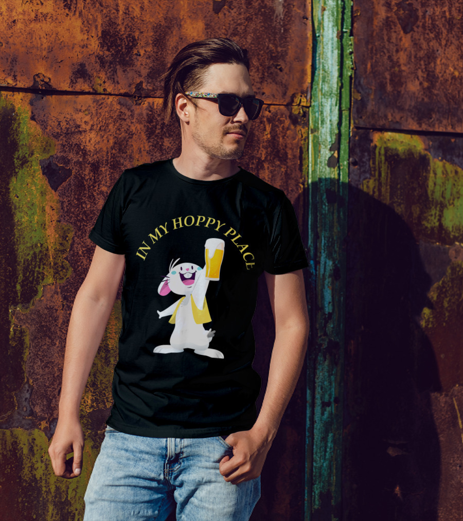 In My Hoppy Place Bunny Drinking Beer Funny Easter Cheers T-Shirt