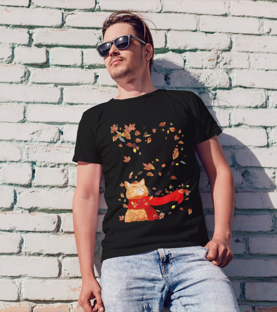 Hello Autumn Maple Leaf Fall Funny Cat Kitten Lover T-Shirt