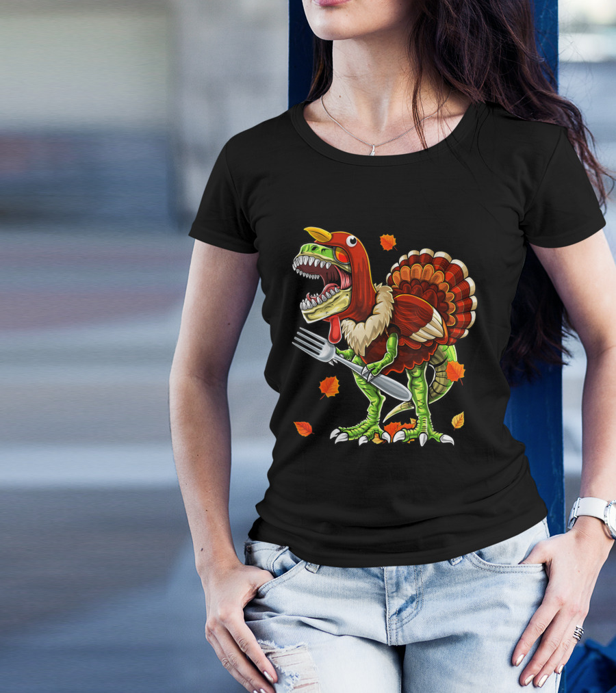 Thanksgiving Rex Dinosaur Turkey With Fork And Autumn Leaves T-Shirt