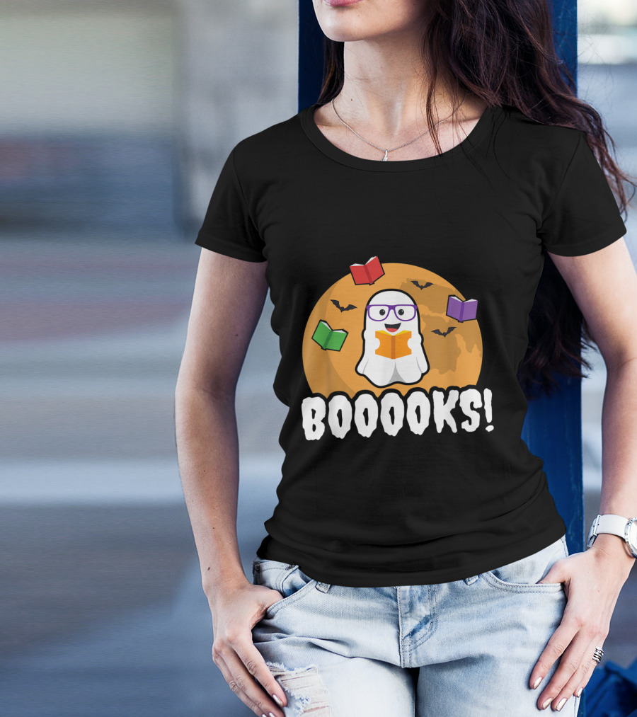 Booooks Ghost Boo Read Books Library Halloween Theme With Flying Bats And Moon T-Shirt