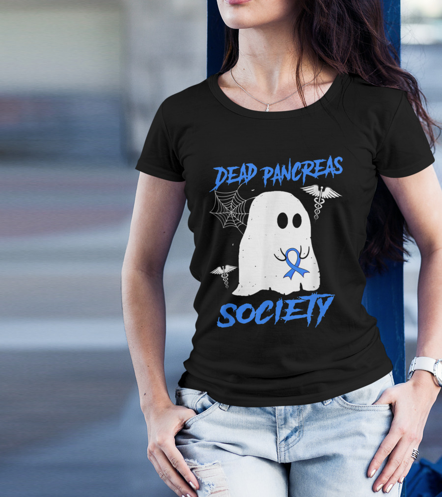 Dead Pancreas Society Diabetes Awareness Halloween Ghost With Blue Ribbon And Caduceus T-Shirt