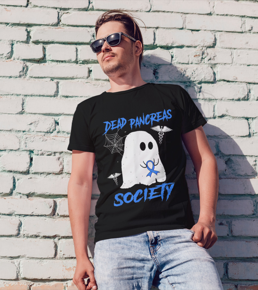 Dead Pancreas Society Diabetes Awareness Halloween Ghost With Blue Ribbon And Caduceus T-Shirt