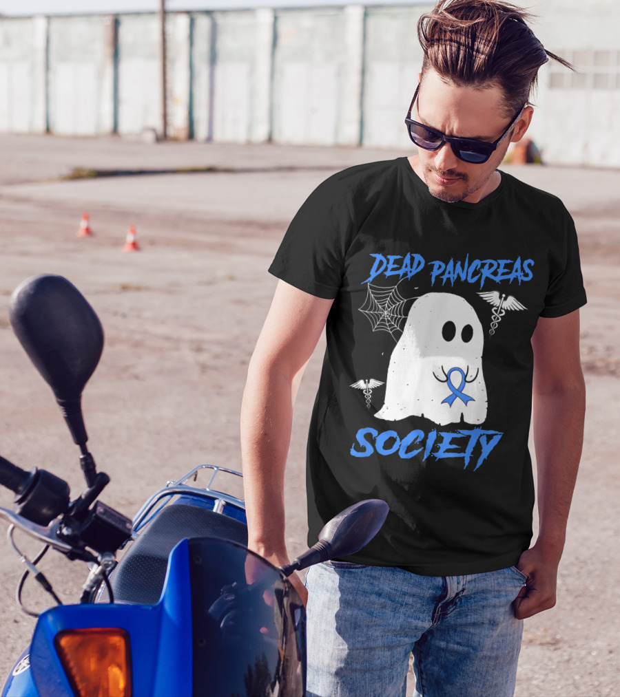 Dead Pancreas Society Diabetes Awareness Halloween Ghost With Blue Ribbon And Caduceus T-Shirt