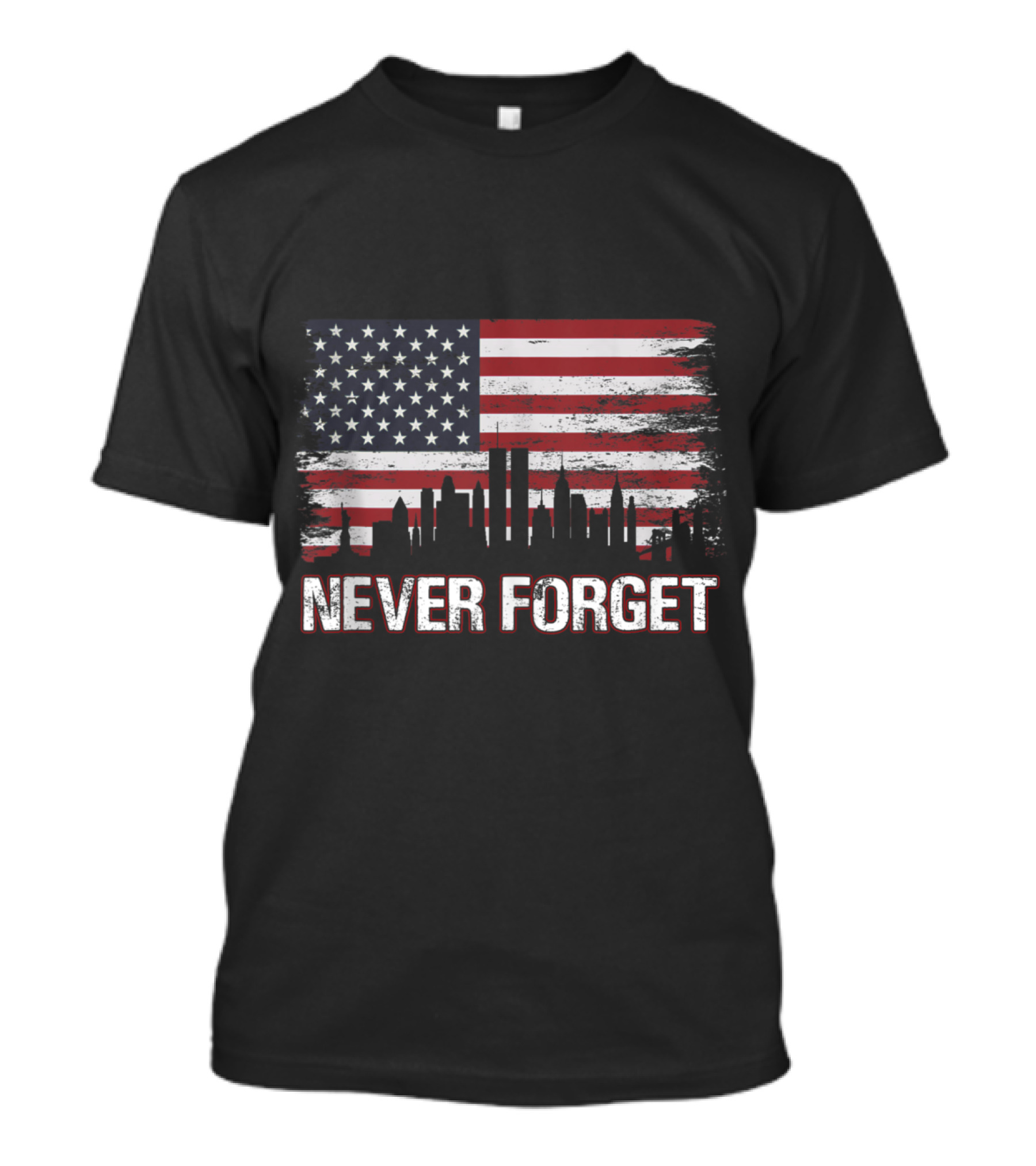 Never Forget 9/11 Skyline Twin Towers American Flag Vintage Patriotic T-Shirt