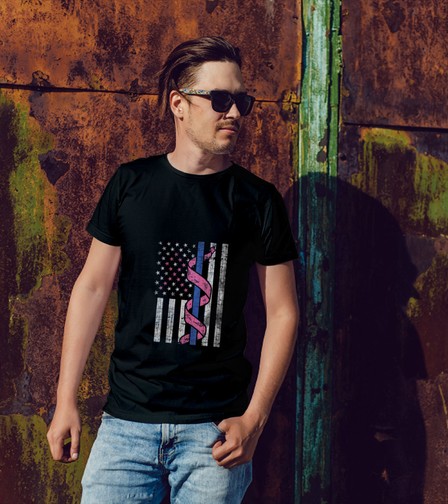 Blue Line American Flag Pink Ribbon Breast Cancer Awareness T-Shirt