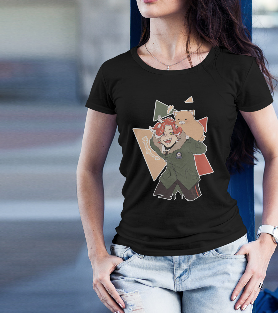 Piggyback Cute Demon With Cat Companion And Colorful Shapes T-Shirt