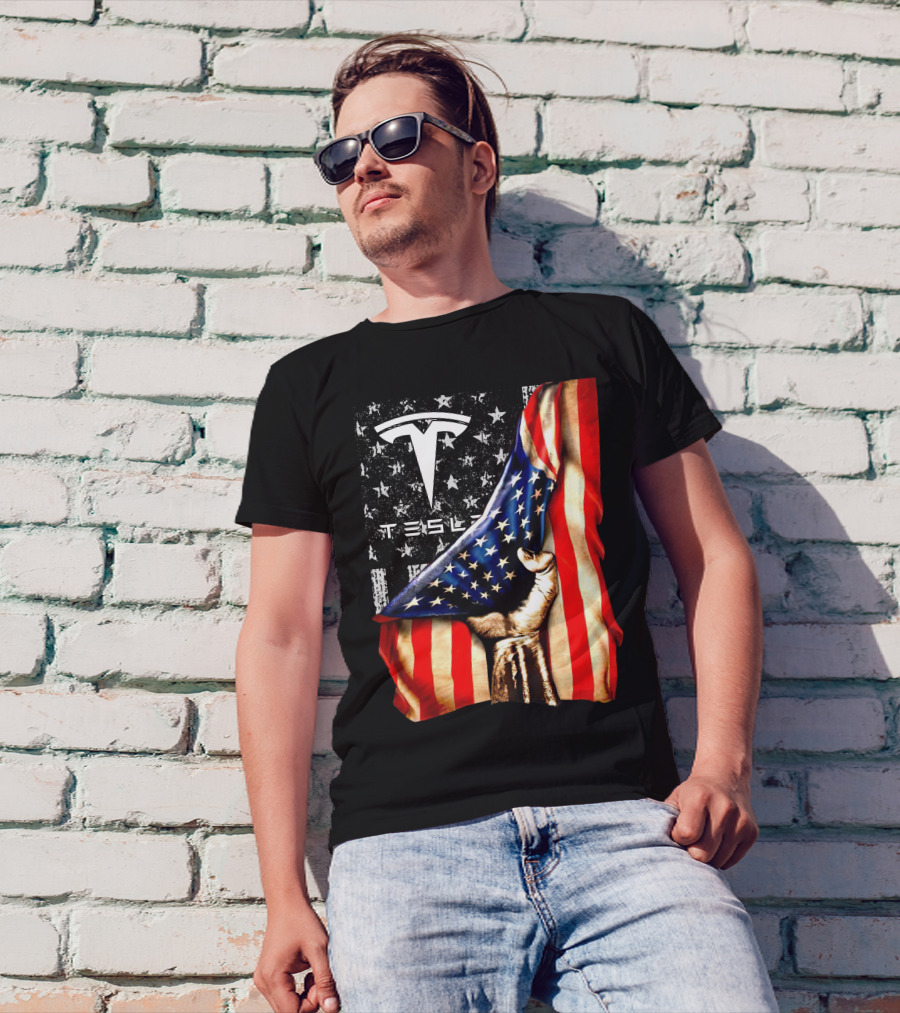 Tesla Logo American Flag Hand Folded Stars Stripes Vintage Style T-Shirt
