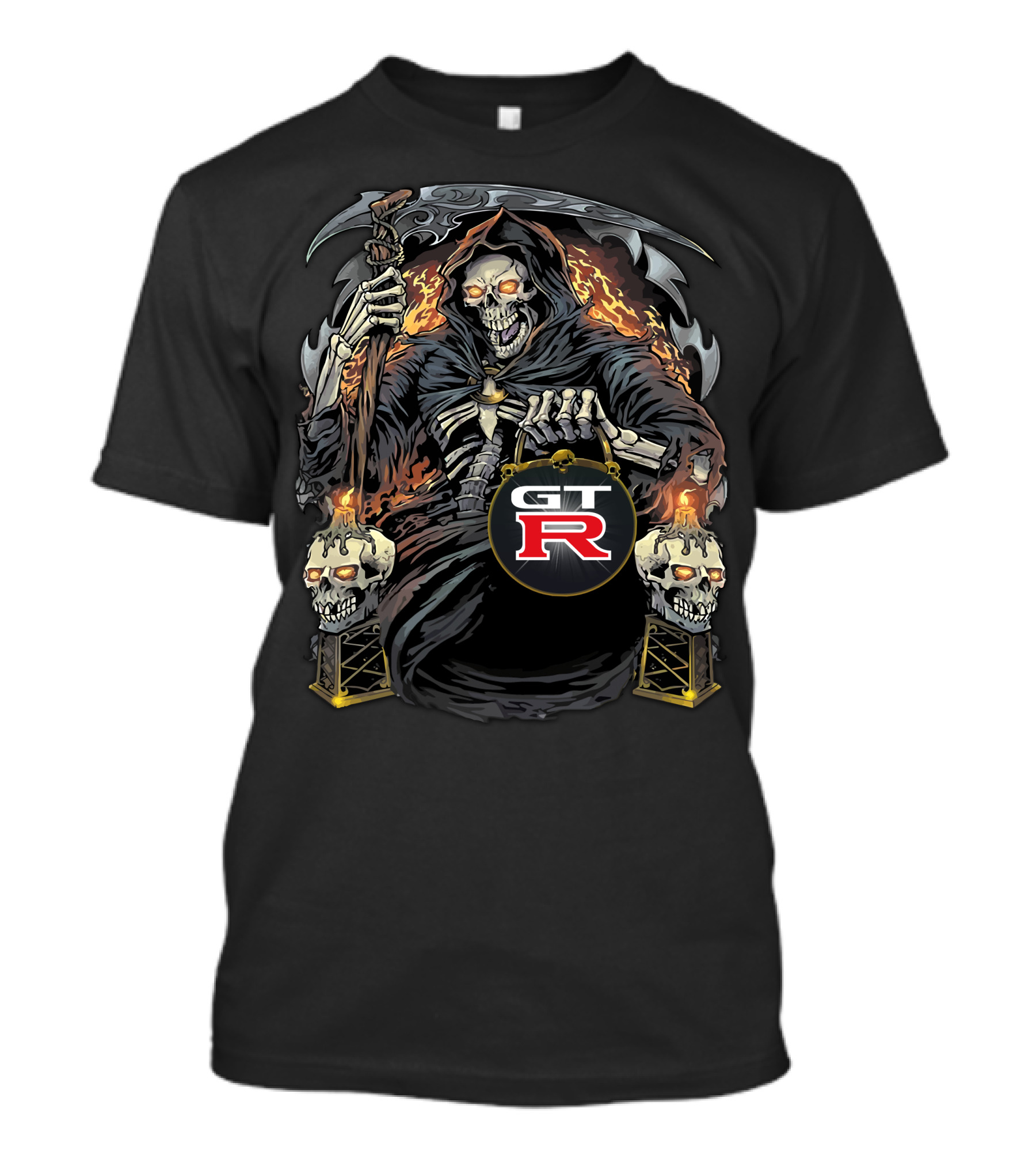 Gtr Racing Skull Reaper With Flaming Scythe And Skulls T-Shirt