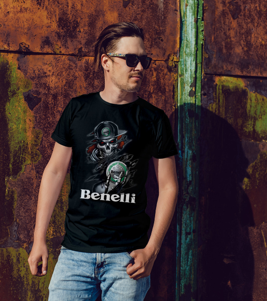 Benelli Skull Holding Logo Emblem With Stars And Badge In Dark Theme T-Shirt
