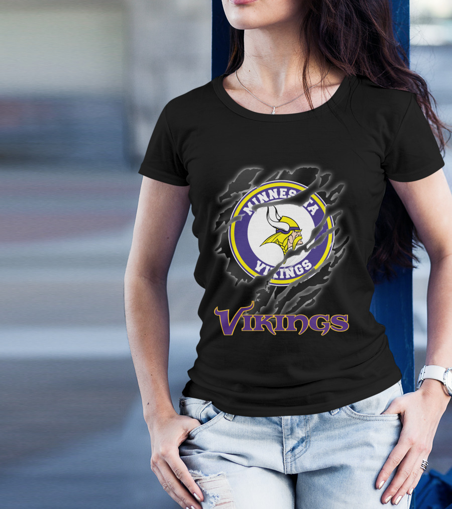 Minnesota Vikings Ripped Logo Design Featuring Iconic Viking Helmet And Horns T-Shirt