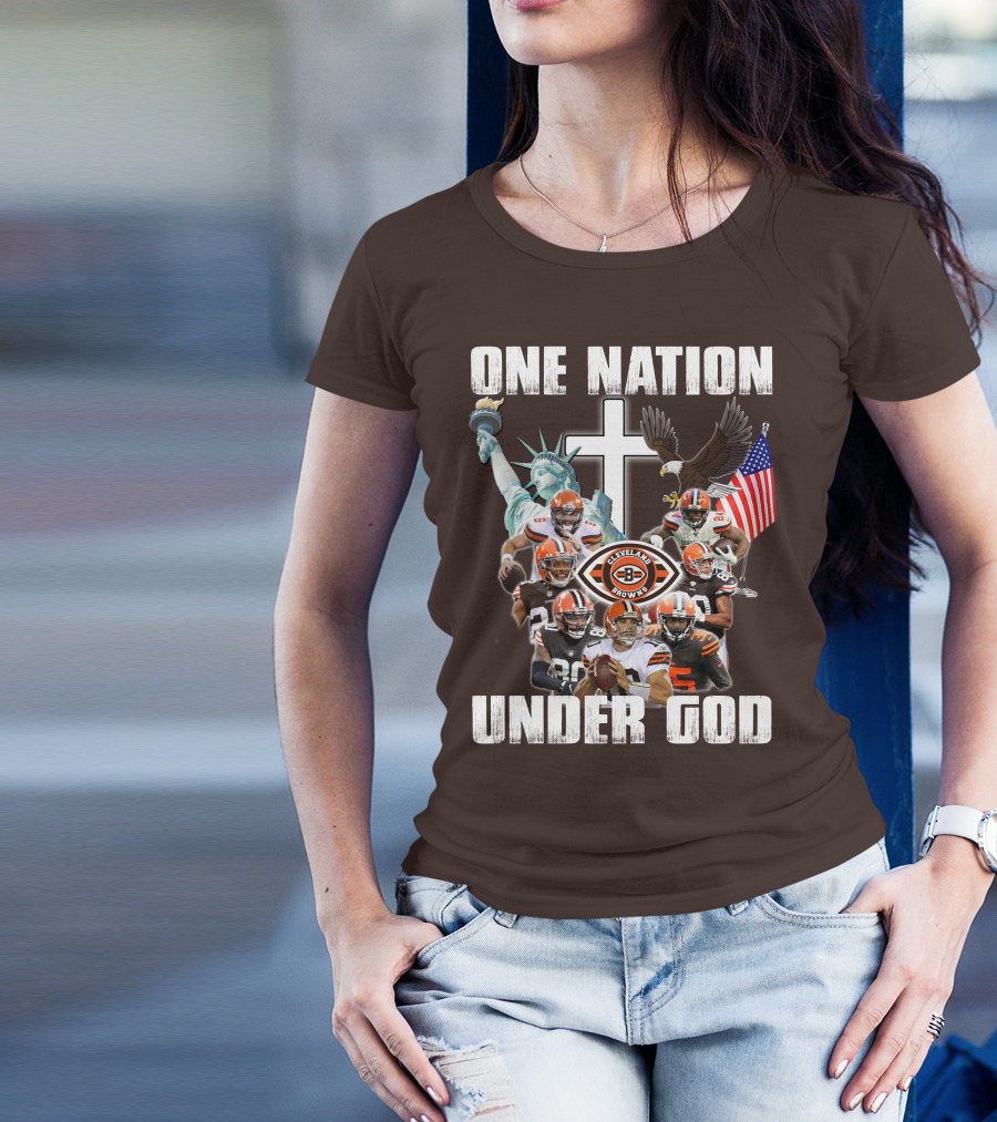 Cleveland Browns One Nation Under God Players Statue Of Liberty Eagle Flag Cross T-Shirt