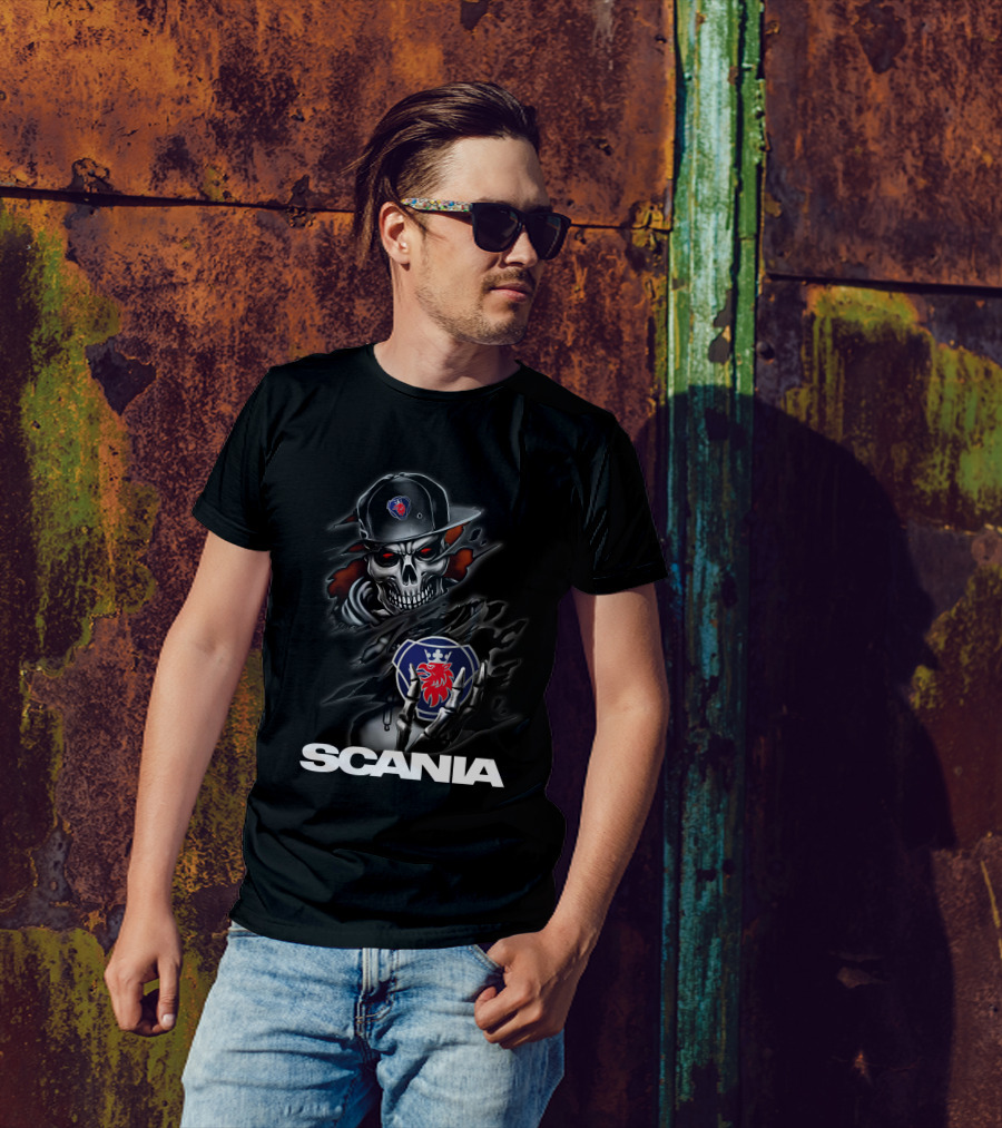 Scania Skull Emblem With Cap And Red-Eyed Skeleton T-Shirt