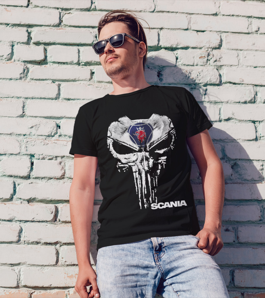 Scania Punisher Logo With Grunge Skull And Red Griffin T-Shirt