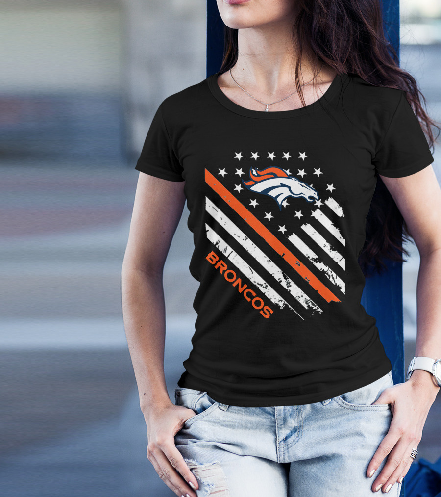 Broncos Logo With Stars And Stripes In Orange And White T-Shirt