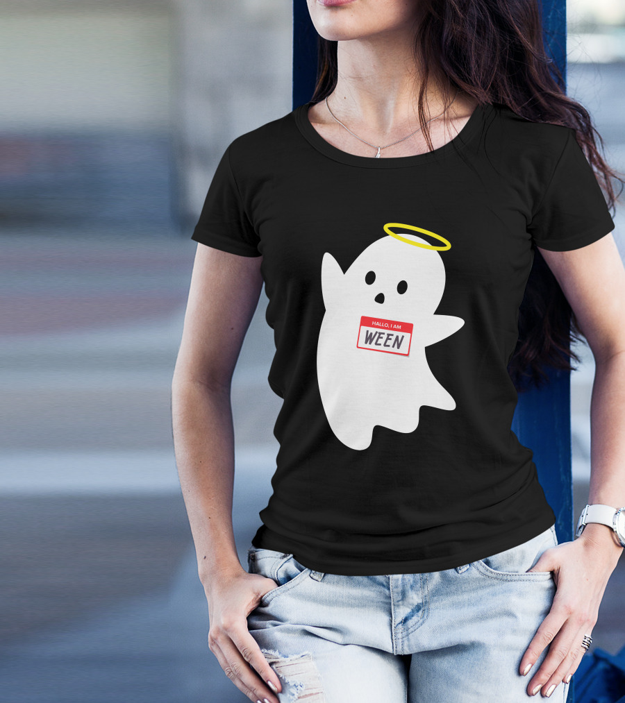 Wholesome Hallo I Am Ween Ghost With Halo And Nametag T-Shirt