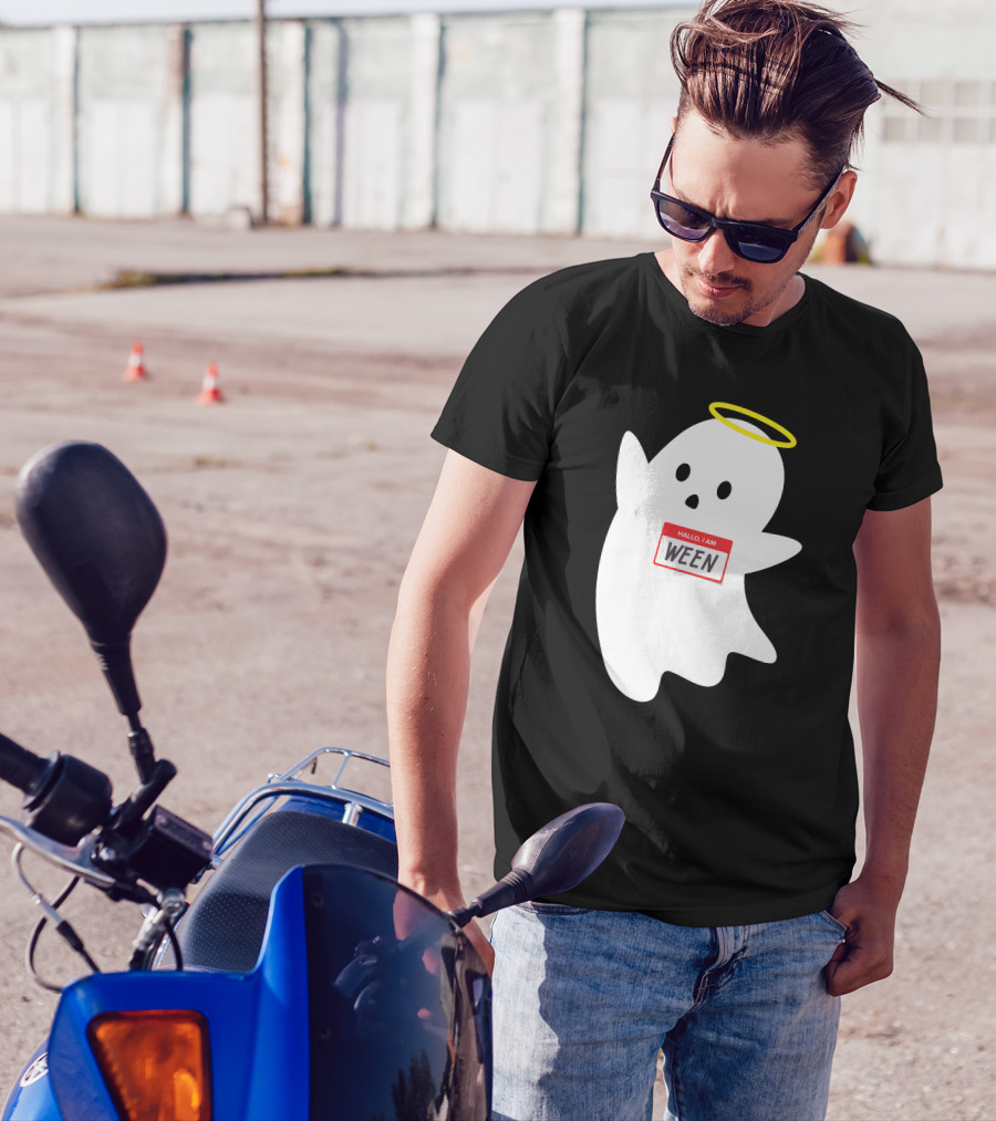 Wholesome Hallo I Am Ween Ghost With Halo And Nametag T-Shirt