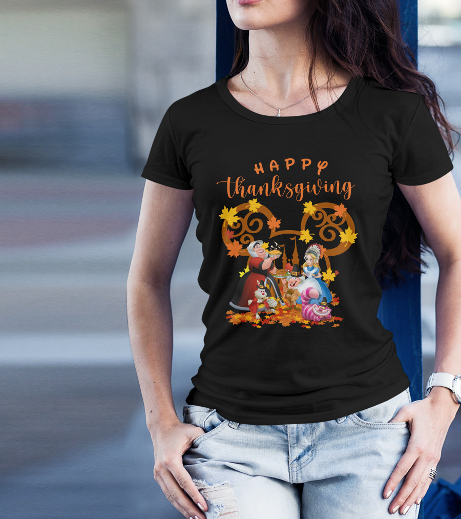 Happy Thanksgiving Alice Queen Mad Hatter Cheshire Cat Leaves T-Shirt