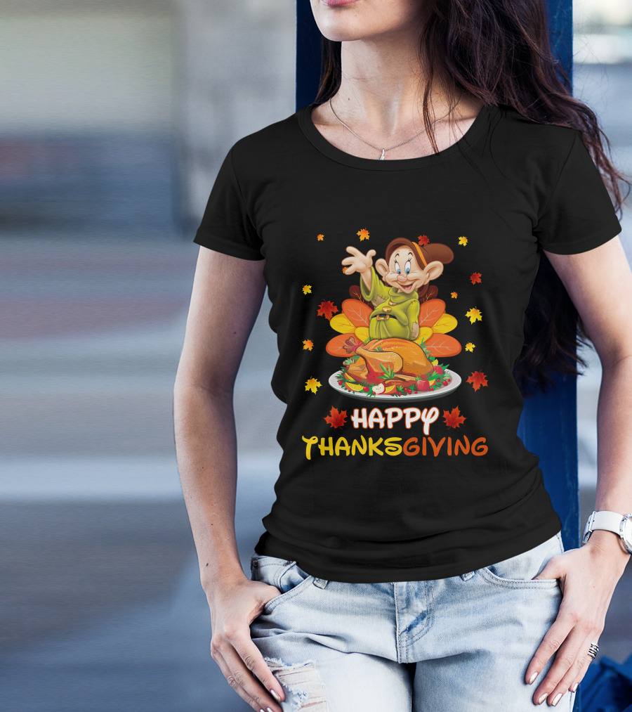 Dopey Happy Thanksgiving With Turkey And Autumn Leaves T-Shirt
