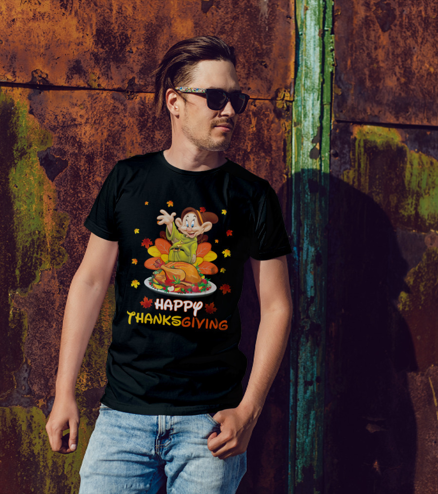 Dopey Happy Thanksgiving With Turkey And Autumn Leaves T-Shirt