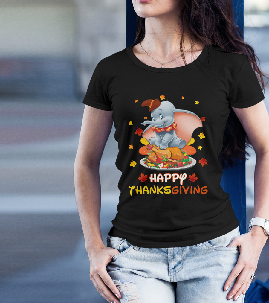 Happy Thanksgiving Dumbo Turkey Autumn Leaves T-Shirt