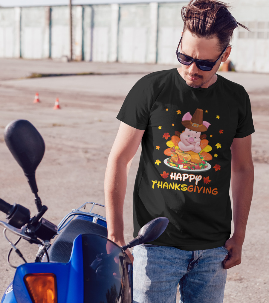 Happy Thanksgiving Piglet Feast With Autumn Leaves And Pilgrim Hat T-Shirt