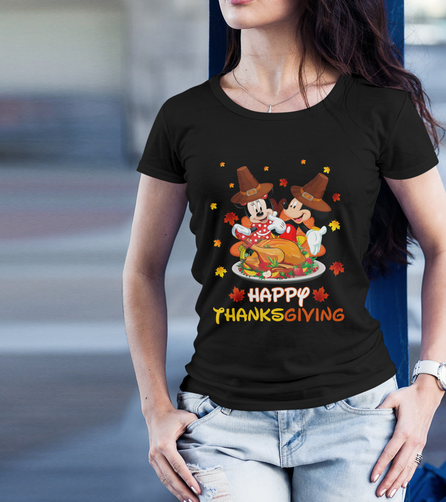 Happy Thanksgiving Mickey And Minnie Turkey Feast T-Shirt