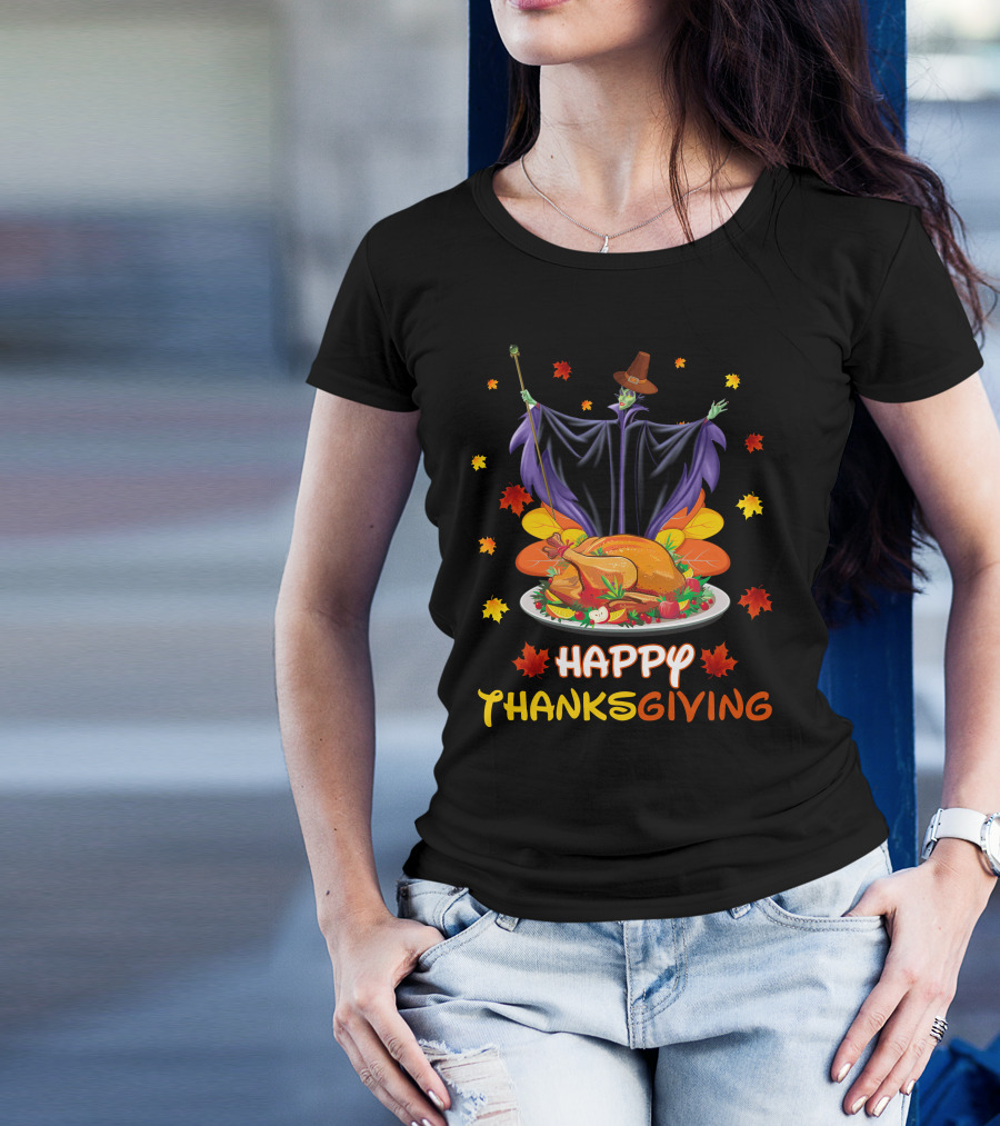 Happy Thanksgiving Maleficent Turkey Feast Magic Leaves T-Shirt