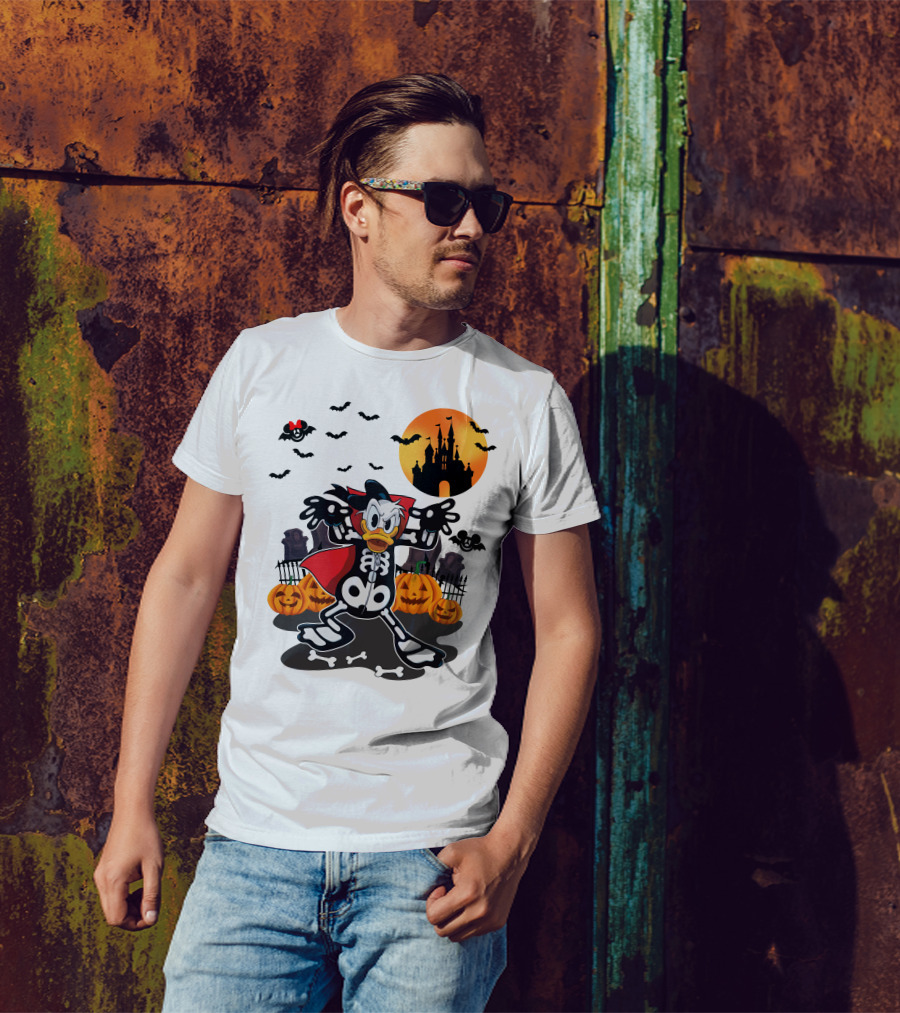 Donald Duck Halloween Skeleton Costume With Bats And Castle T-Shirt