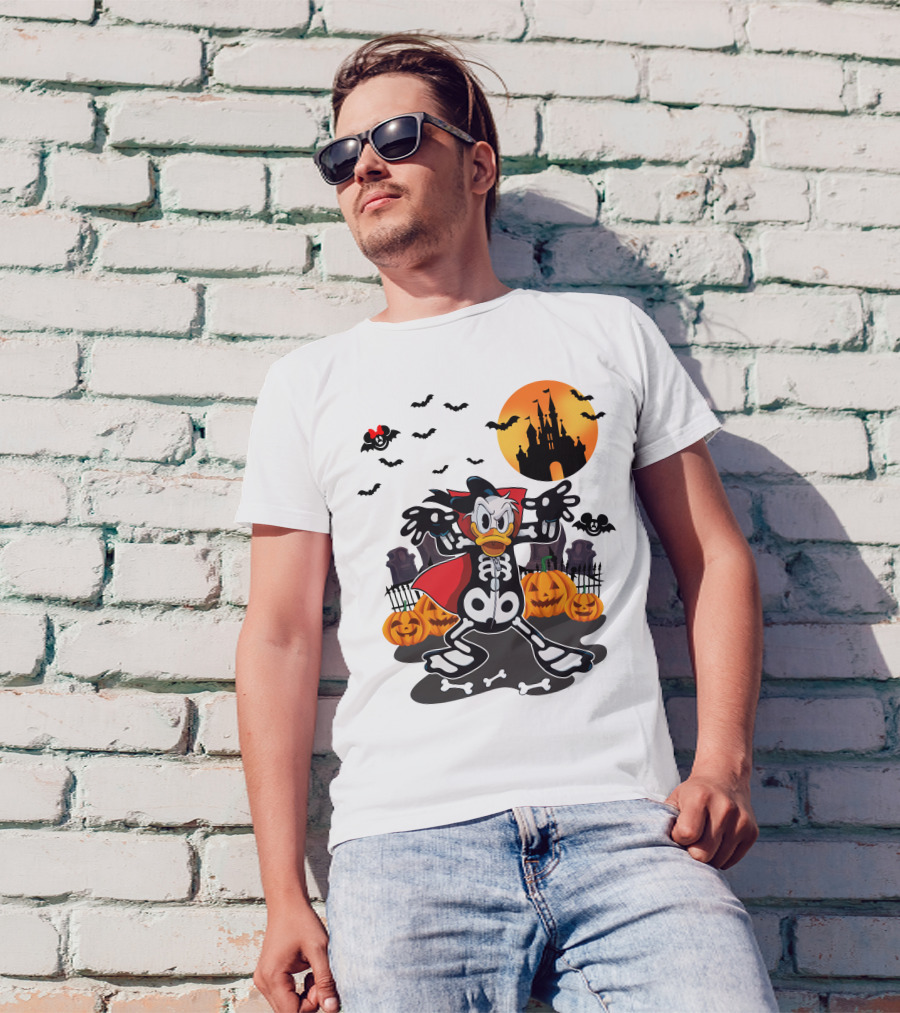 Donald Duck Halloween Skeleton Costume With Bats And Castle T-Shirt