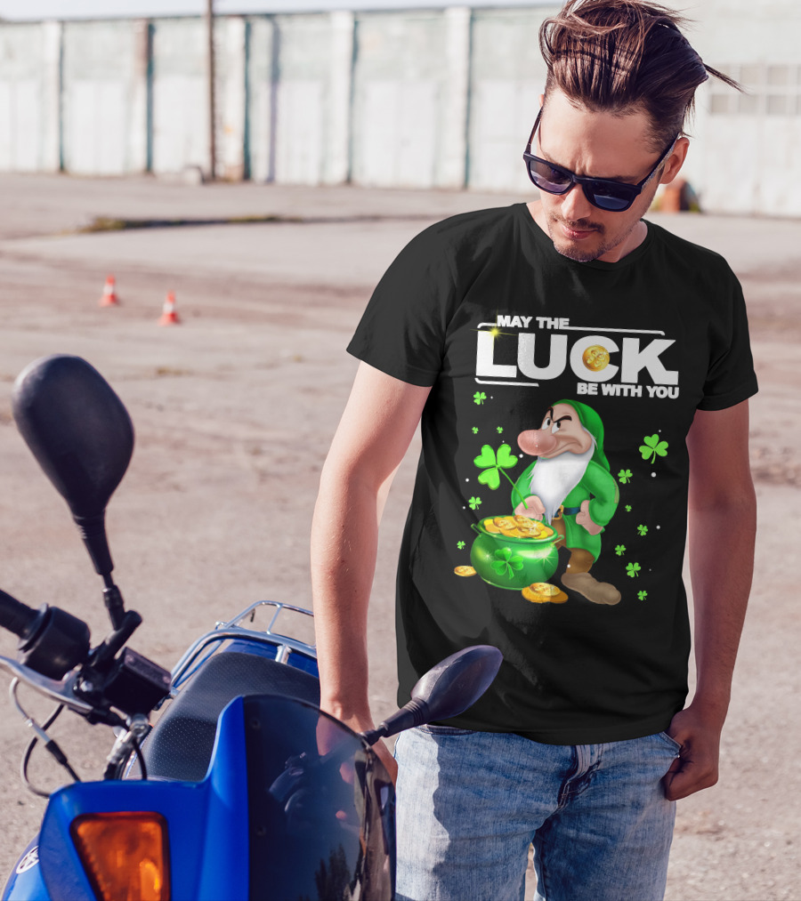 MAY THE LUCK BE WITH YOU Grumpy Gnome With Coins And Clovers T-Shirt