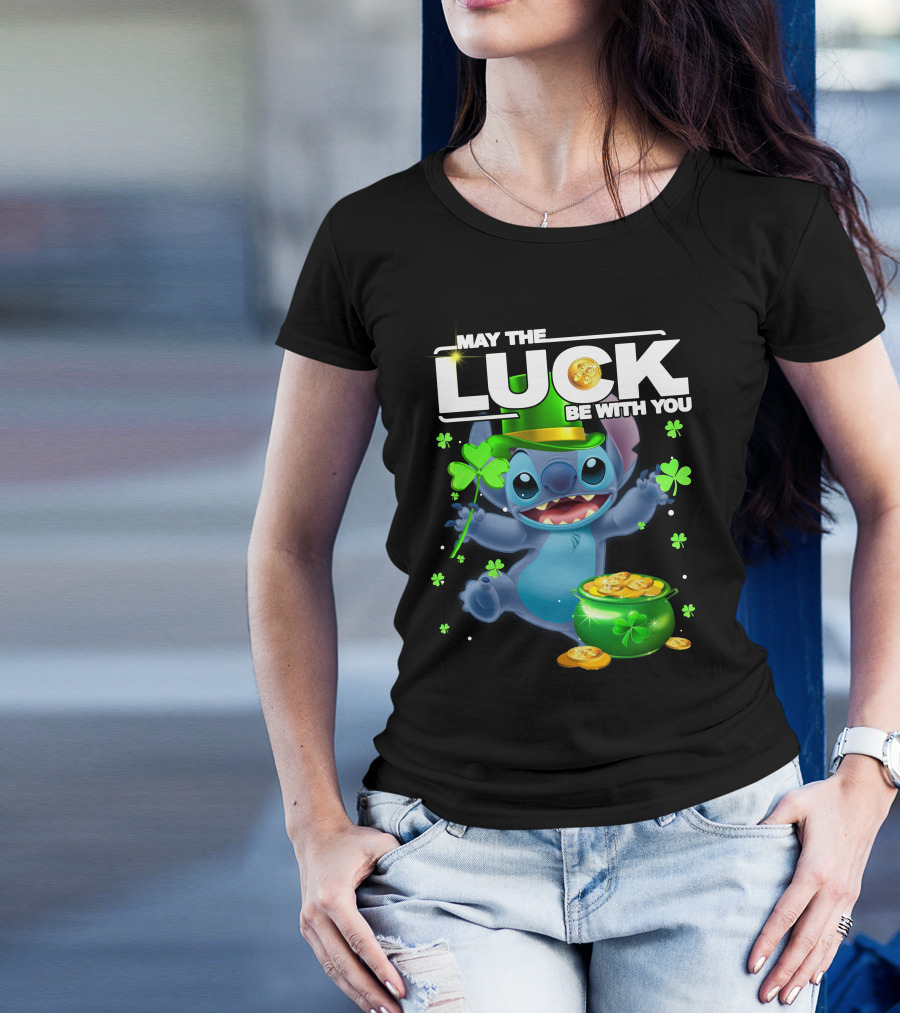May The Luck Be With You Stitch Pot Of Gold Shamrocks T-Shirt
