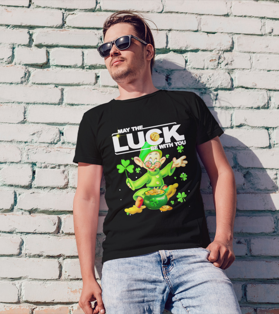 MAY THE LUCK BE WITH YOU Green Leprechaun With Gold Coins And Shamrocks T-Shirt