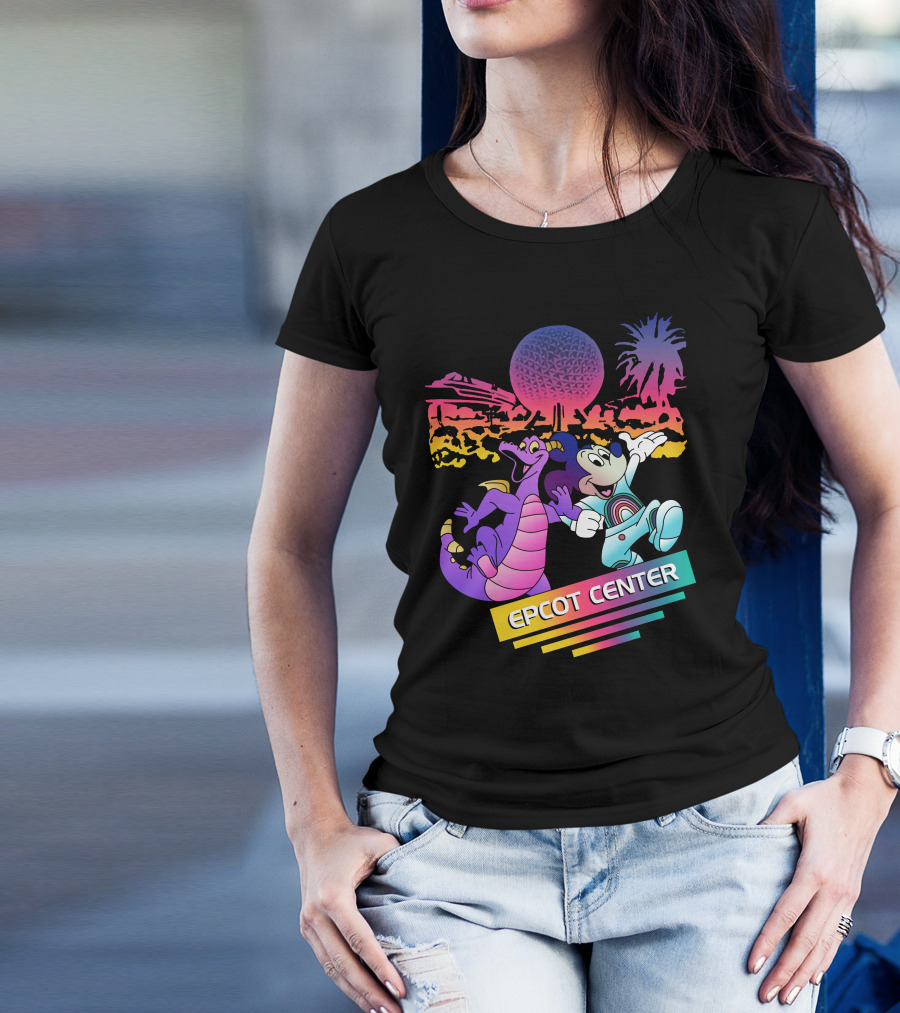 EPCOT CENTER Figment And Mickey Spaceship Earth Retro Spectrum Colors T-Shirt