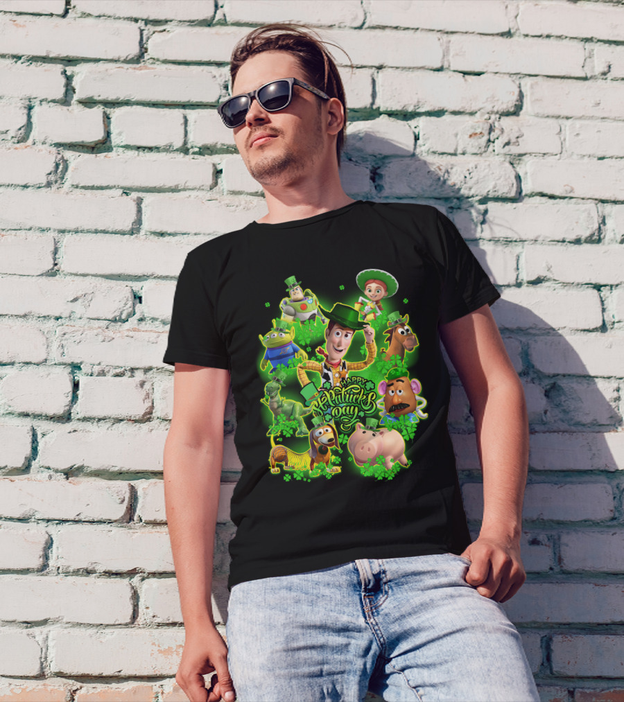 Happy St. Patrick's Day Toy Story Characters In Green Outfits With Shamrocks T-Shirt