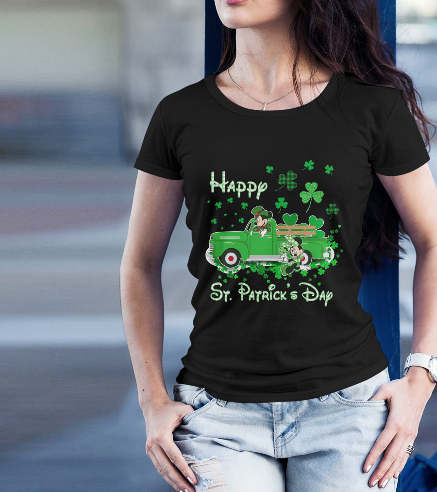 Happy St. Patrick's Day Mickey Mouse Green Truck Shamrocks T-Shirt