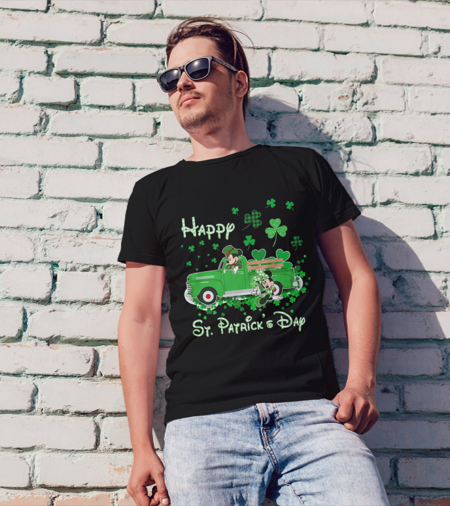 Happy St. Patrick's Day Mickey Mouse Green Truck Shamrocks T-Shirt