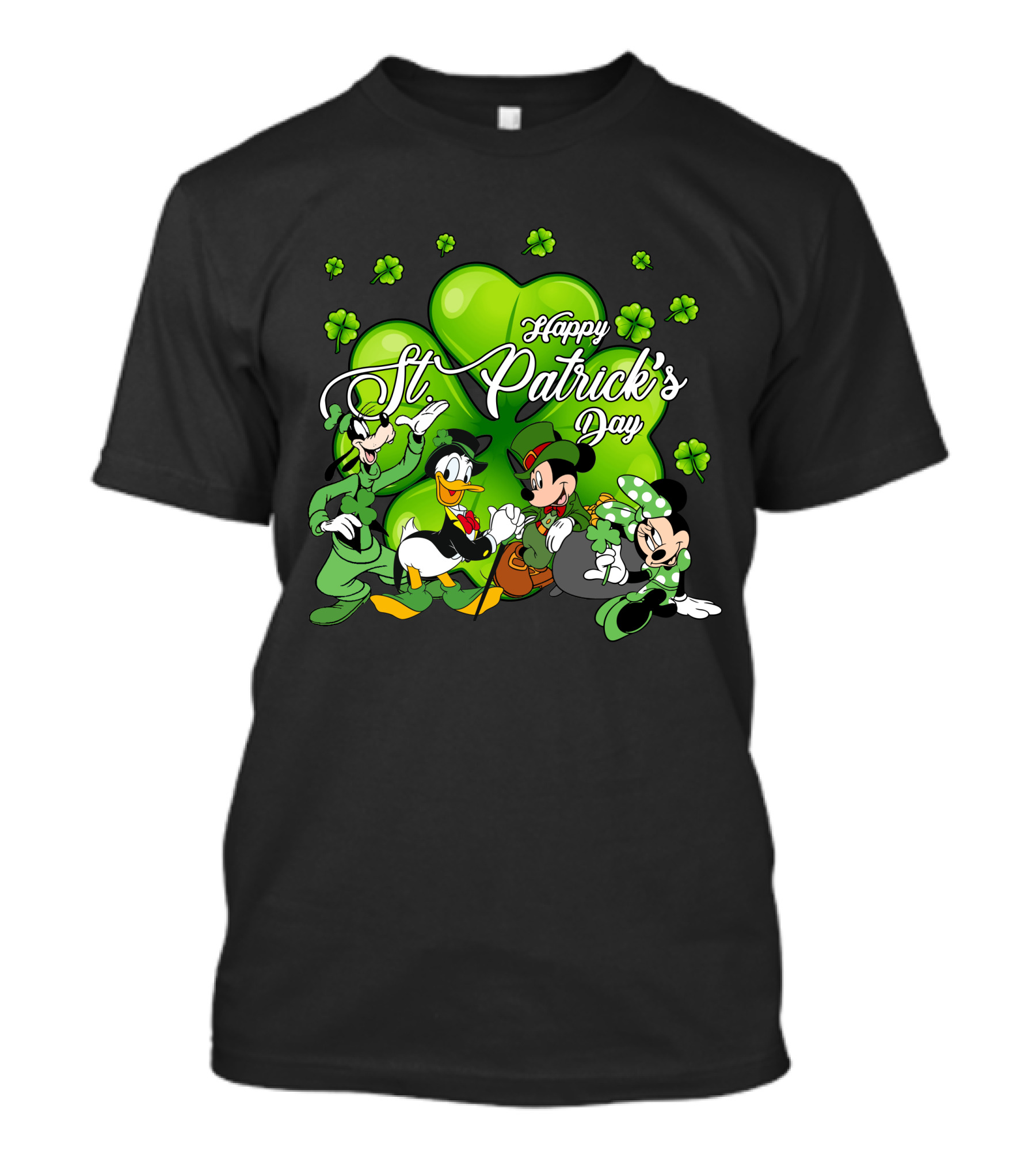 Happy St. Patrick's Day Mickey Mouse Donald Duck Goofy Minnie Mouse With Shamrocks T-Shirt
