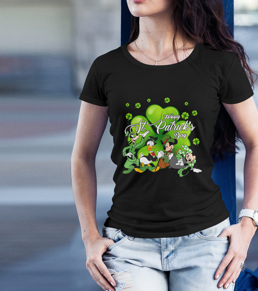 Happy St. Patrick's Day Mickey Mouse Donald Duck Goofy Minnie Mouse With Shamrocks T-Shirt