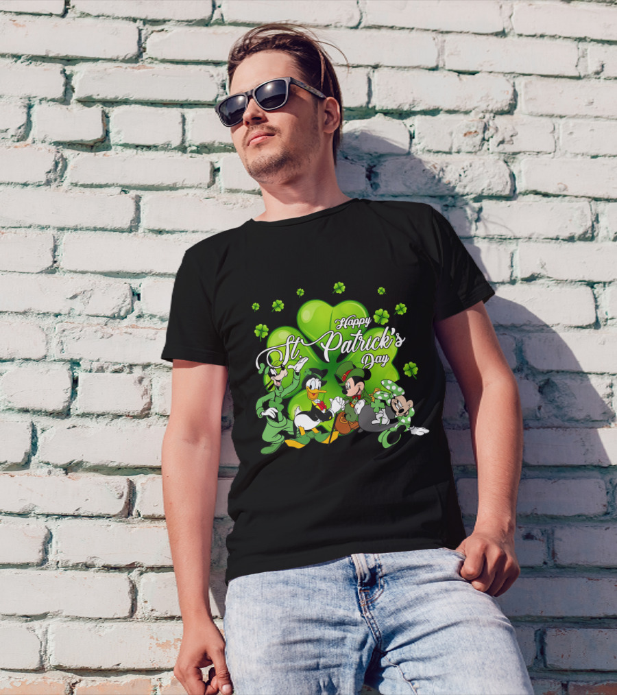 Happy St. Patrick's Day Mickey Mouse Donald Duck Goofy Minnie Mouse With Shamrocks T-Shirt
