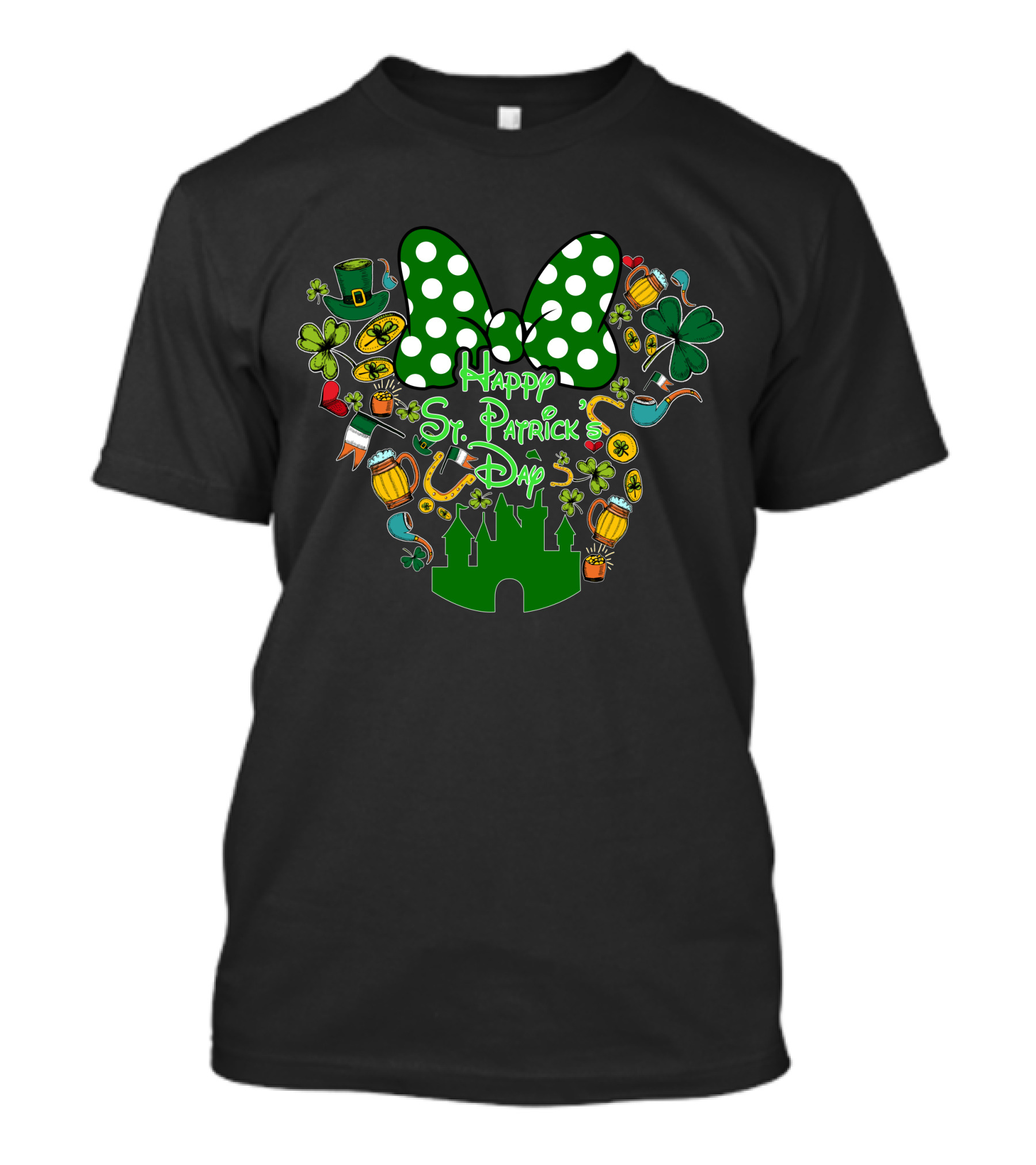 Happy St. Patrick's Day Minnie Mouse Bow Green Castle And Irish Symbols T-Shirt