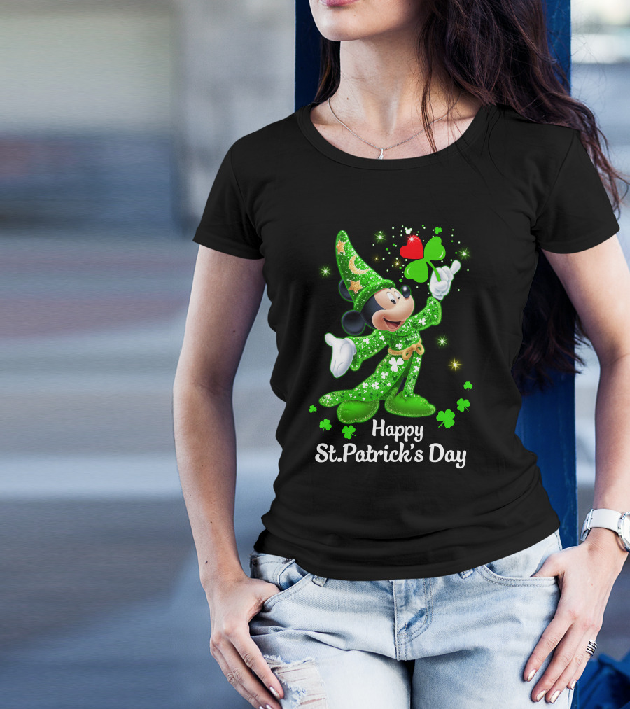 Happy St. Patrick's Day Mickey In Green Wizard Cloak With Clover Magic T-Shirt