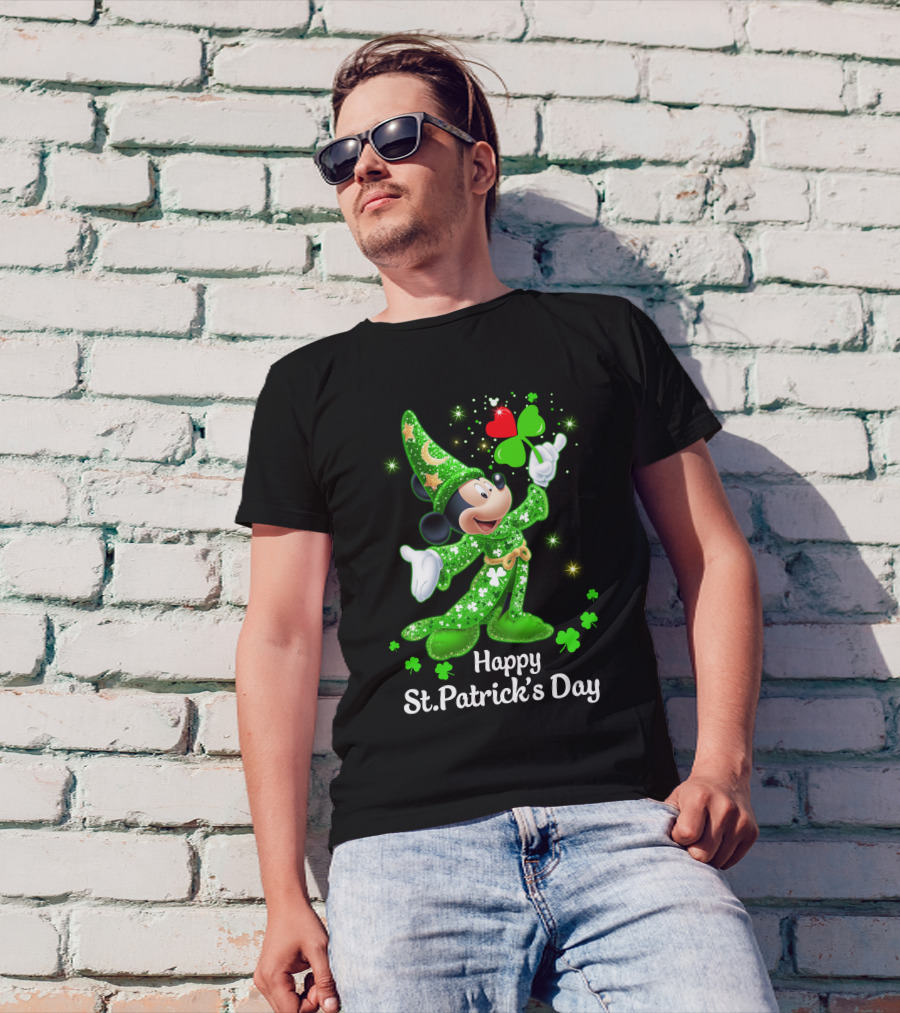 Happy St. Patrick's Day Mickey In Green Wizard Cloak With Clover Magic T-Shirt