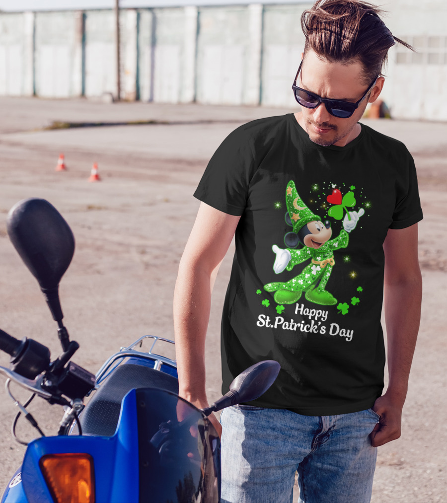 Happy St. Patrick's Day Mickey In Green Wizard Cloak With Clover Magic T-Shirt