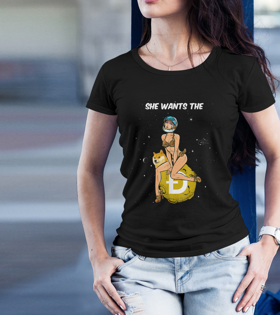 She Wants The Dogecoin Doge Crypto Moon Astronaut Space Girl T-Shirt