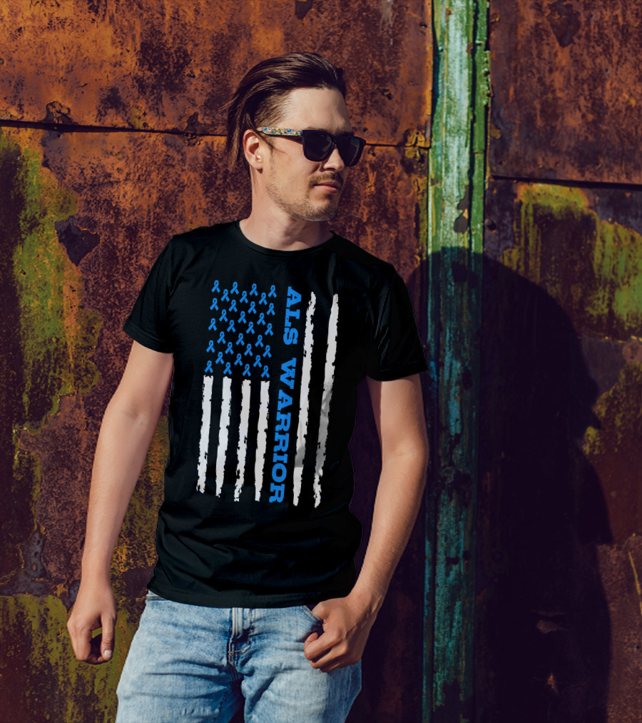 ALS Warrior Blue Ribbon Awareness American Flag USA T-Shirt