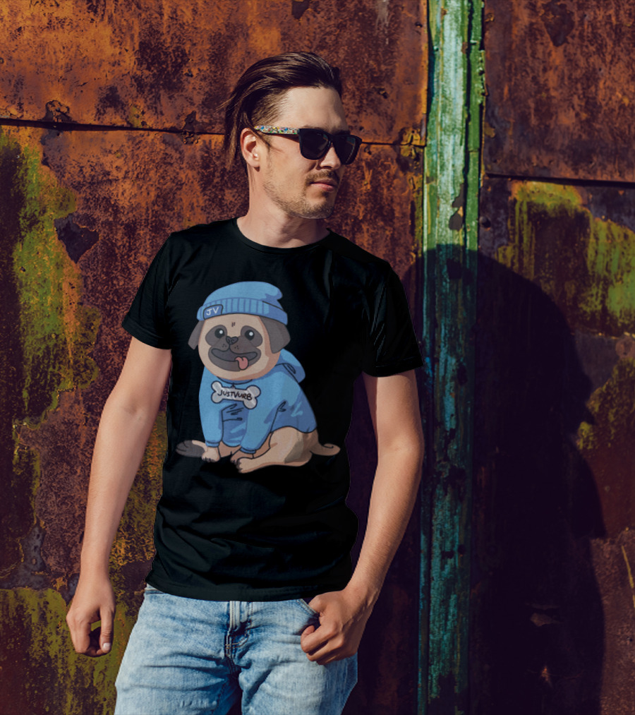 Justvurb JV Pug Dog In Blue Hoodie And Beanie T-Shirt