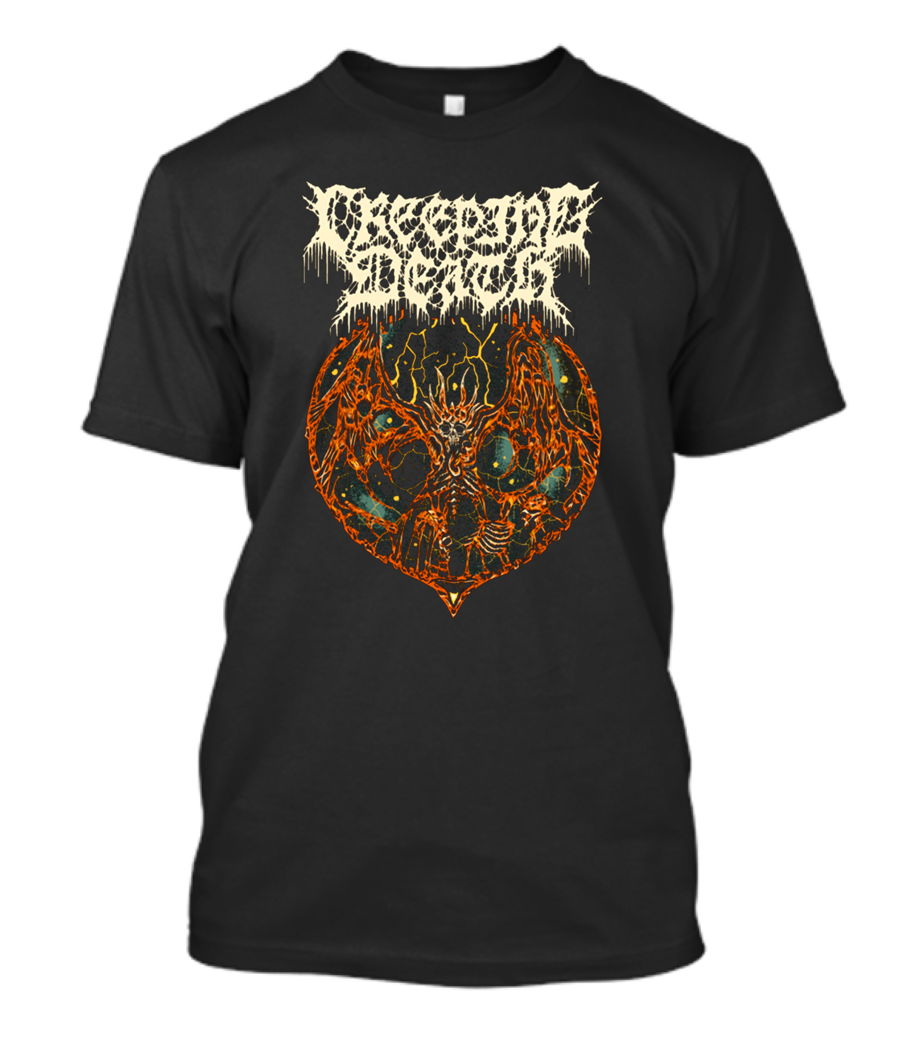 Creeping Death Skeleton Demon With Orange Lightning And Cosmic Background T-Shirt