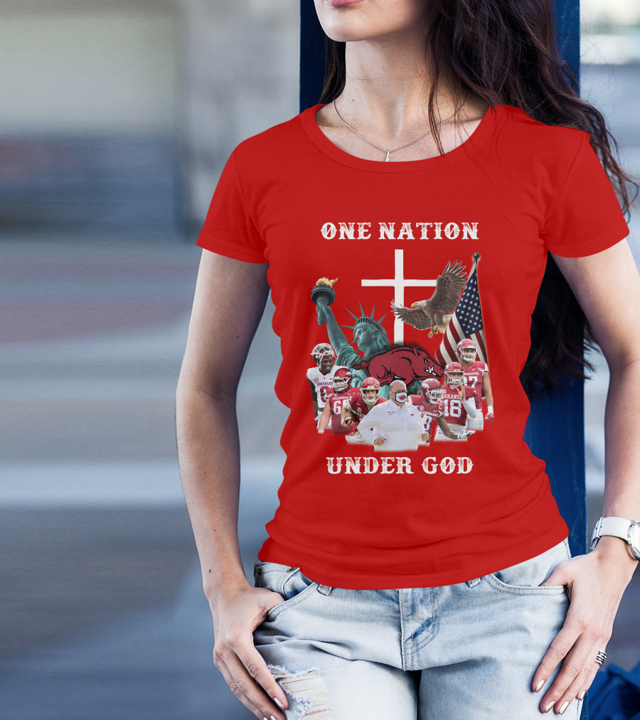 ONE NATION UNDER GOD Arkansas Razorbacks Football Liberty Statue Eagle Flag T-Shirt