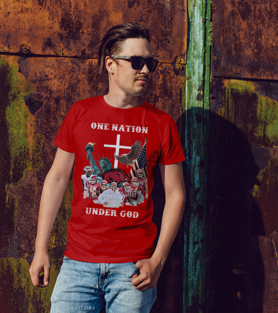 ONE NATION UNDER GOD Arkansas Razorbacks Football Liberty Statue Eagle Flag T-Shirt